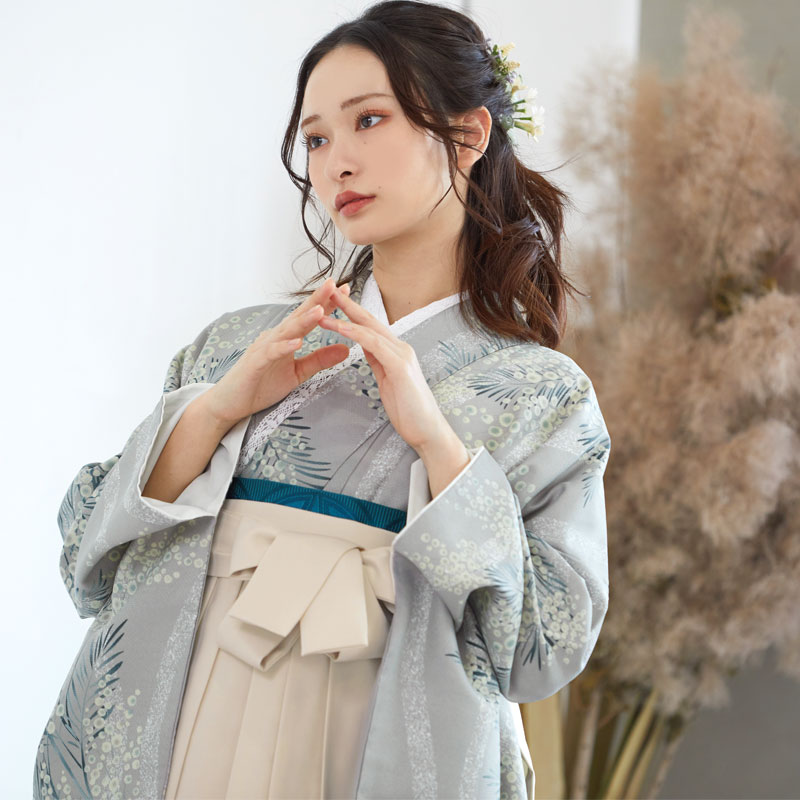  【SALE】 薄グレー　立湧にミモザ レンタル 大学生袴 G949