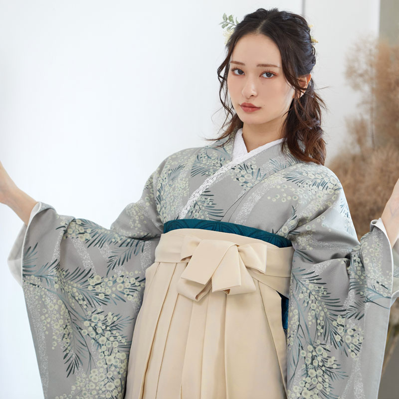  【SALE】 薄グレー　立湧にミモザ レンタル 大学生袴 G949