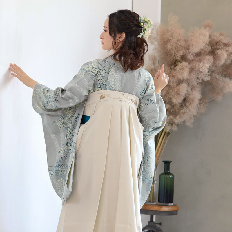  【SALE】 薄グレー　立湧にミモザ レンタル 大学生袴 G949