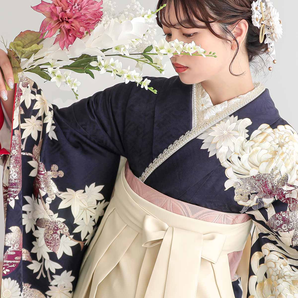 東京レトロ 濃紺　菊に蔦 レンタル 振袖袴 R2104