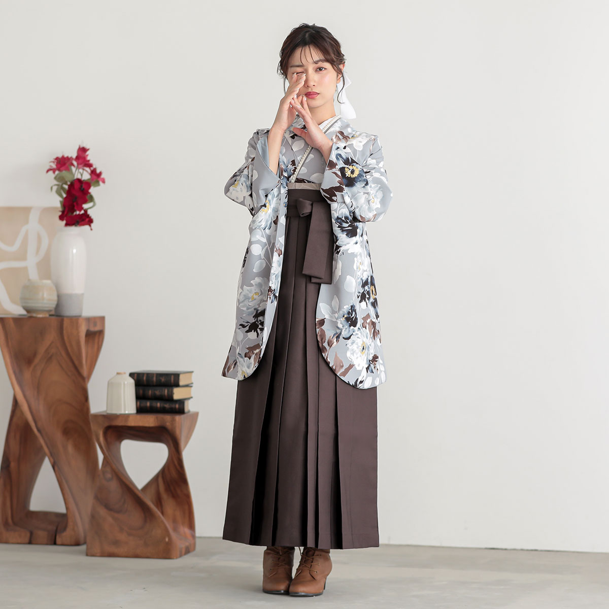  【SALE】 グレー　フラワー レンタル 大学生袴 G1035