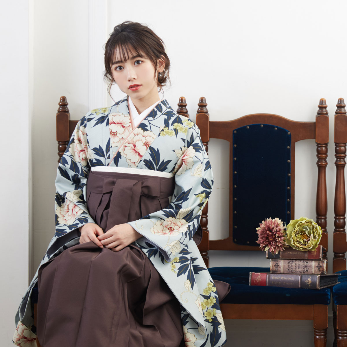  【SALE】 水色　牡丹に蔦 レンタル 大学生袴 G927