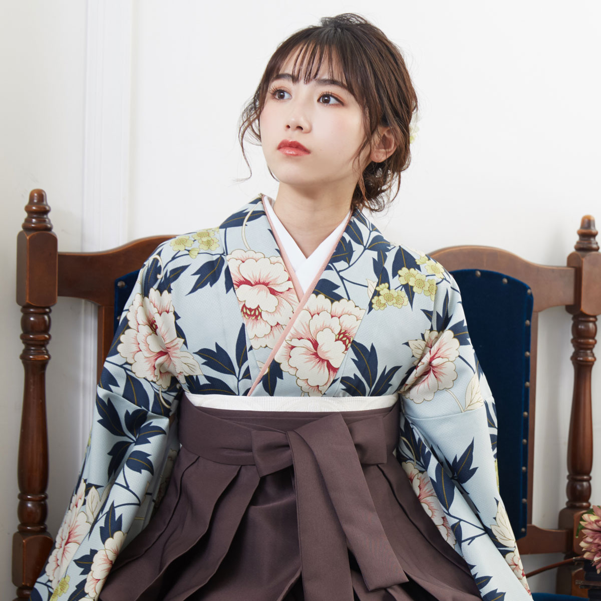  【SALE】 水色　牡丹に蔦 レンタル 大学生袴 G927
