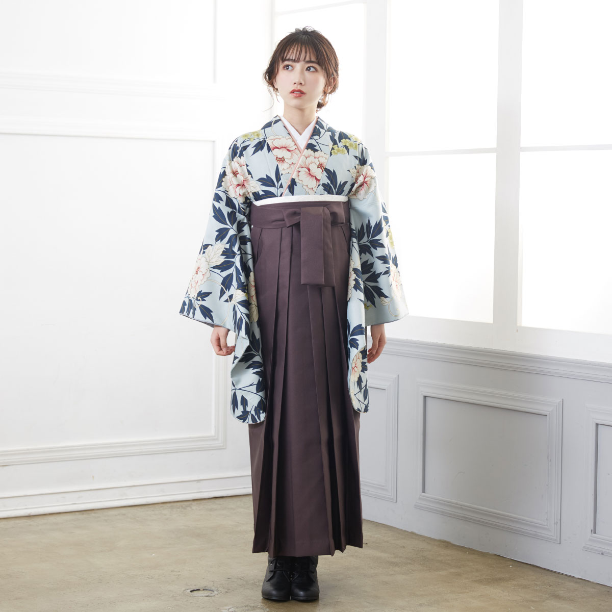  【SALE】 水色　牡丹に蔦 レンタル 大学生袴 G927