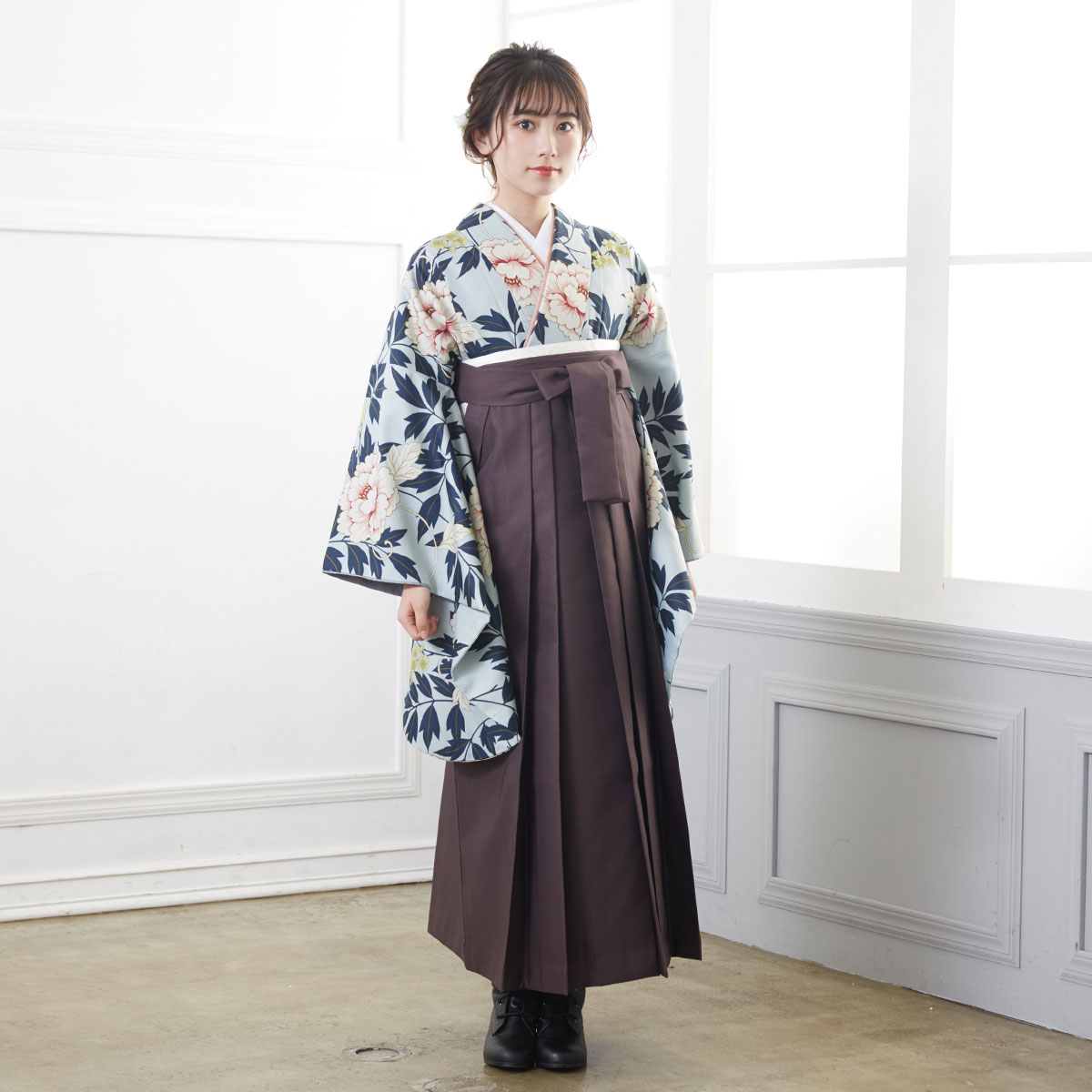  【SALE】 水色　牡丹に蔦 レンタル 大学生袴 G927