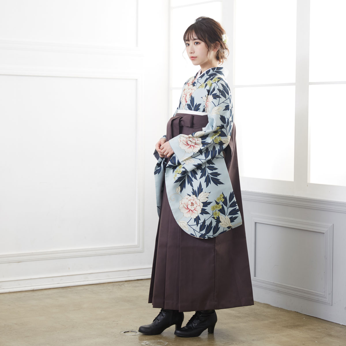  【SALE】 水色　牡丹に蔦 レンタル 大学生袴 G927
