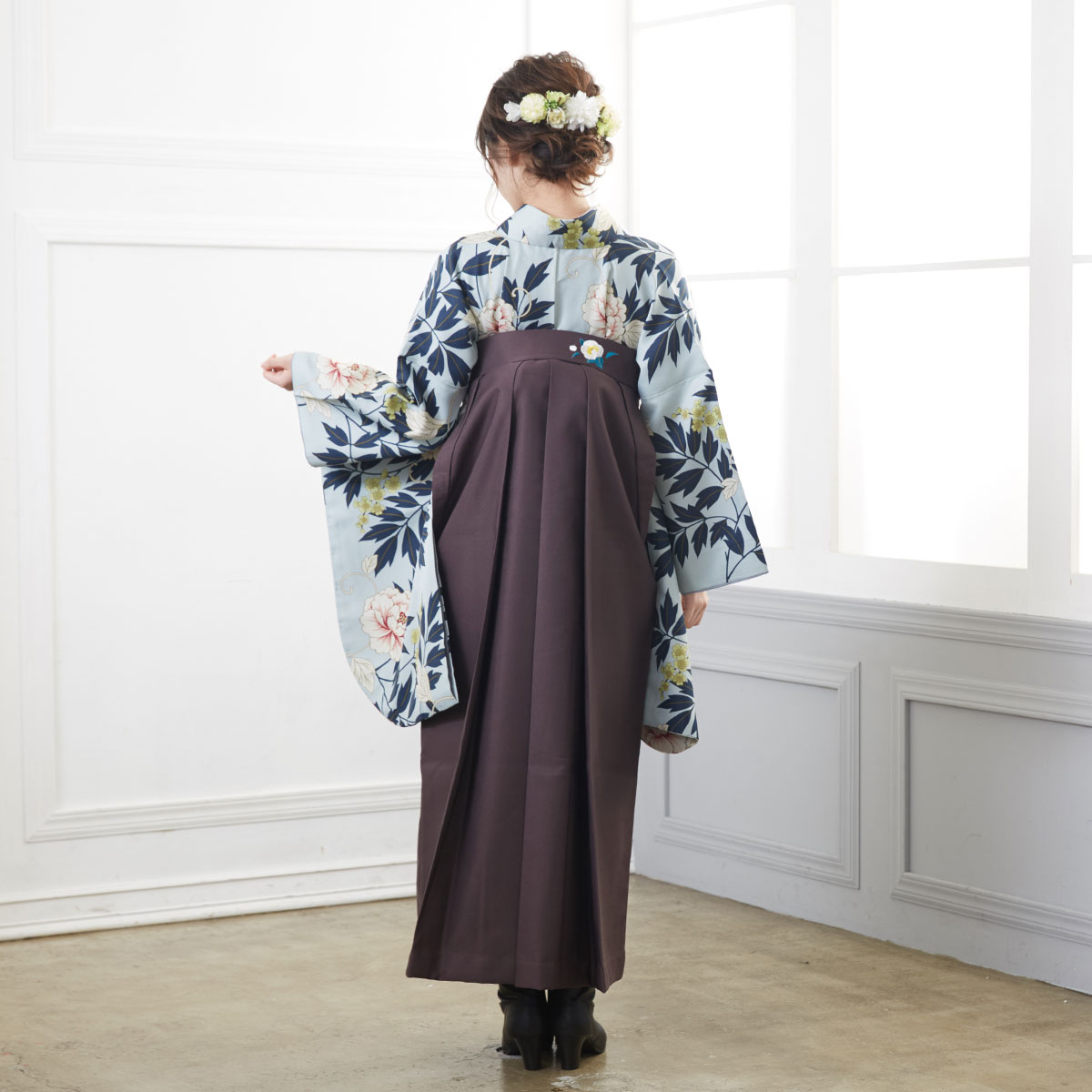  【SALE】 水色　牡丹に蔦 レンタル 大学生袴 G927