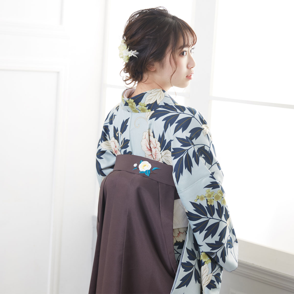  【SALE】 水色　牡丹に蔦 レンタル 大学生袴 G927