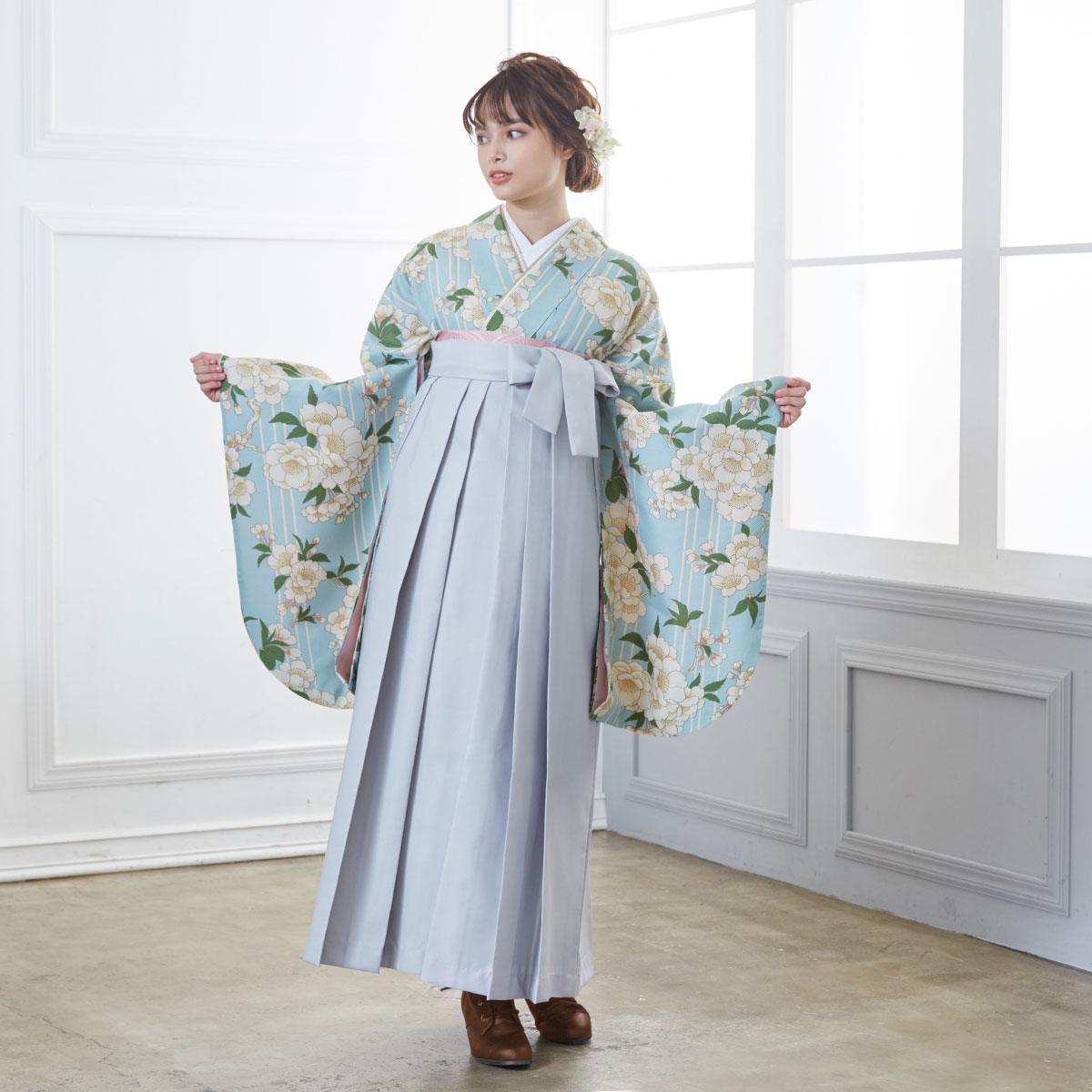  【SALE】 水色　三筋縞に枝桜 レンタル 大学生袴 G921