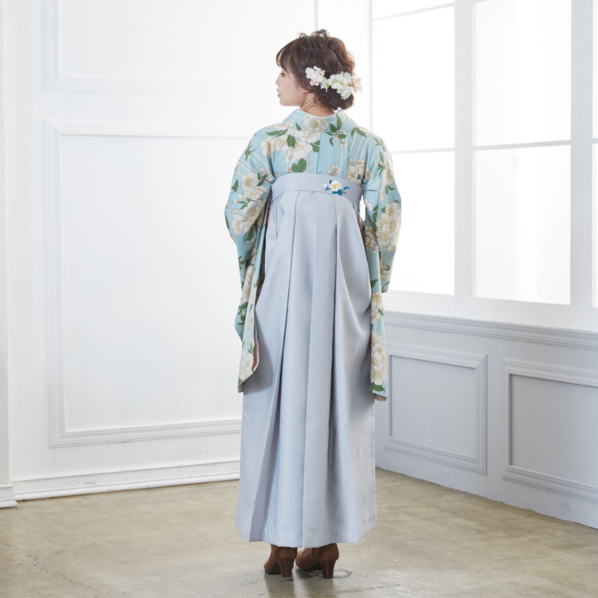  【SALE】 水色　三筋縞に枝桜 レンタル 大学生袴 G921