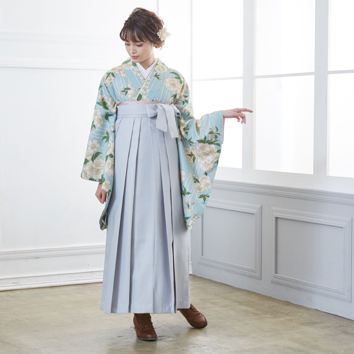  【SALE】 水色　三筋縞に枝桜 レンタル 大学生袴 G921