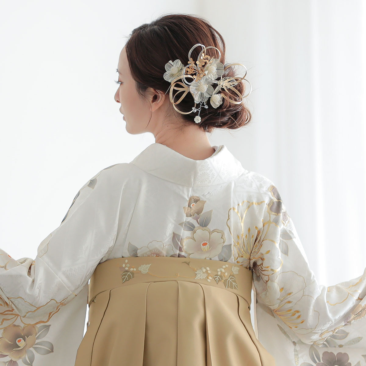  白　大桜に椿 R2099 レンタル 振袖袴 R2075