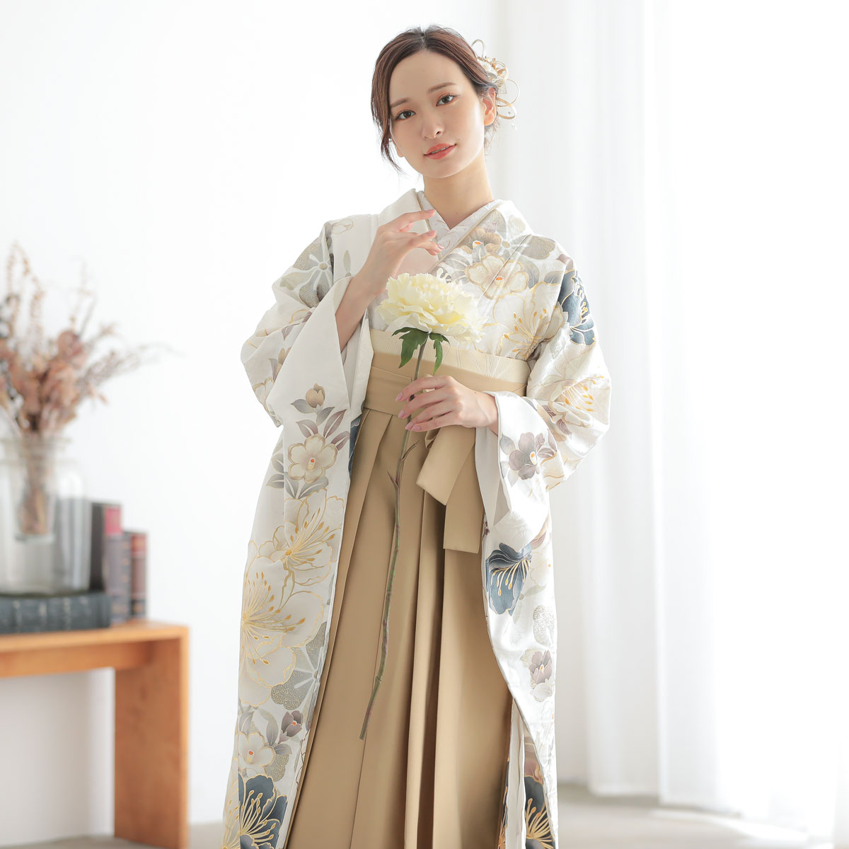  白　大桜に椿 R2099 レンタル 振袖袴 R2075