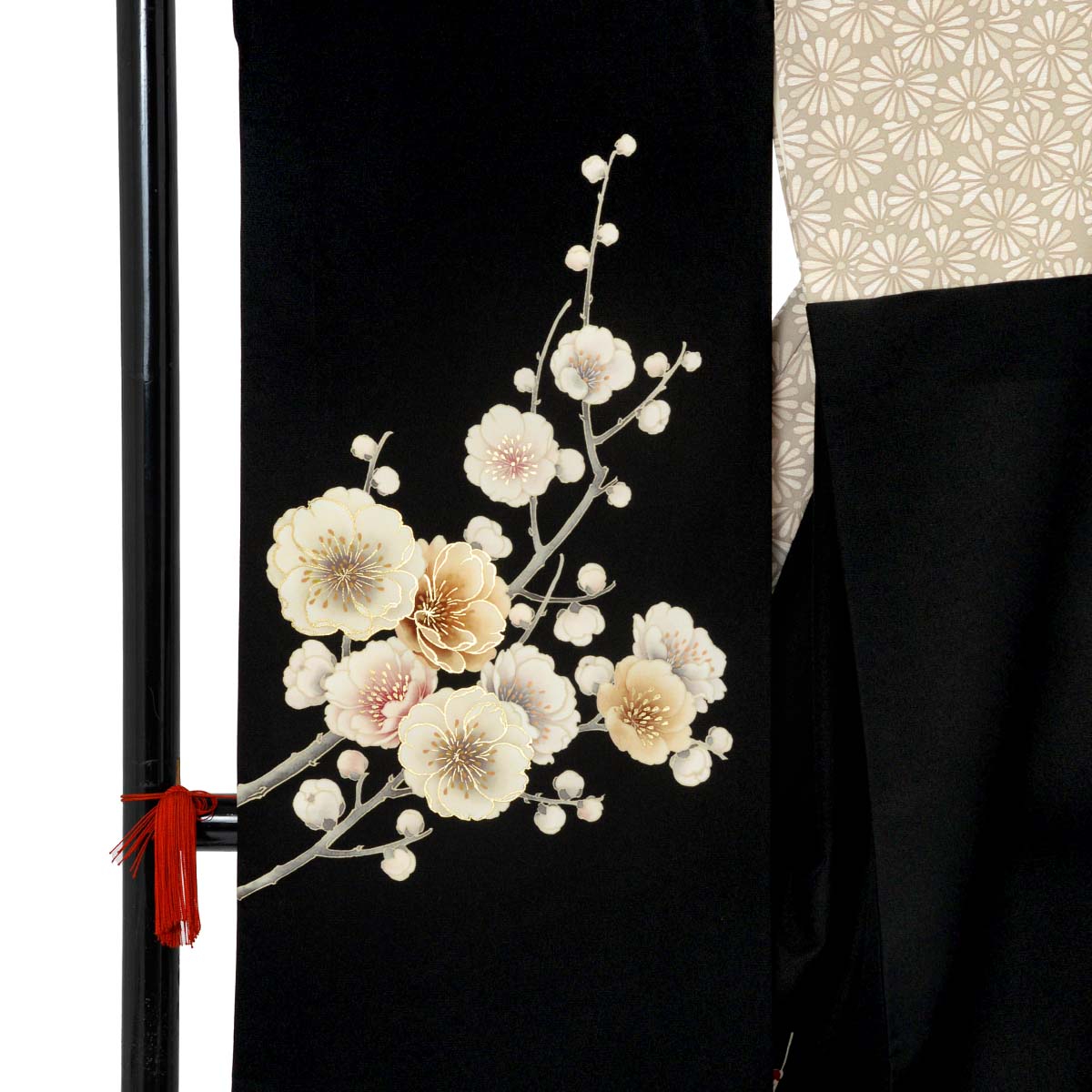 華徒然 ベージュ×黒×オフホワイト　牡丹に梅 レンタル 振袖袴 R2224
