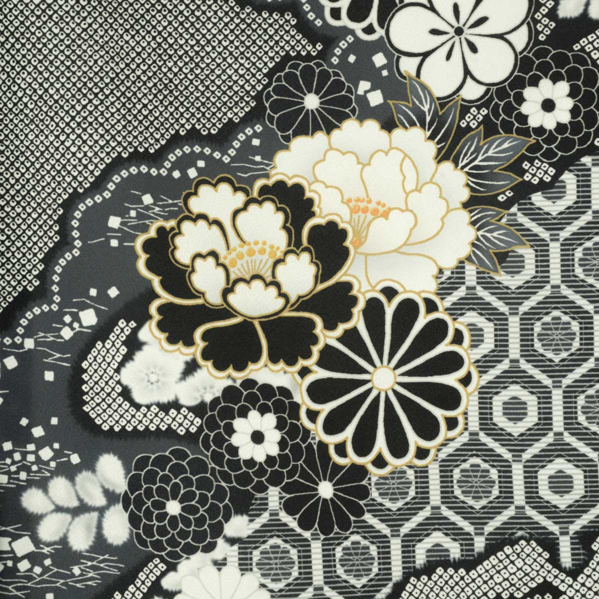  【SALE】 墨黒　菊牡丹に疋田 レンタル 大学生袴 G987