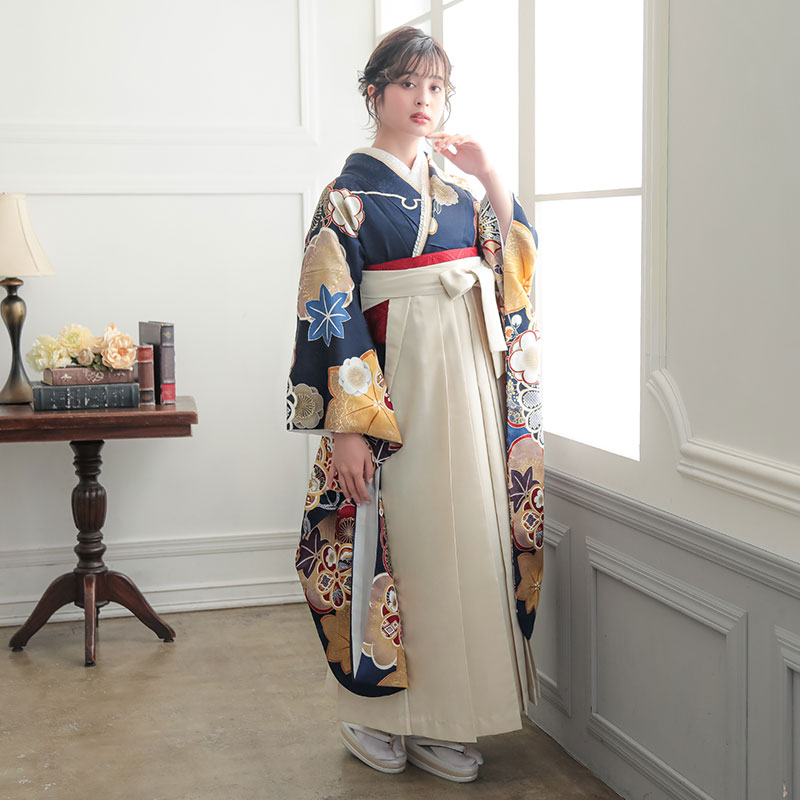  【SALE】 【友禅】紺　梅に楓と手毬 R2190 レンタル 振袖袴 R2009