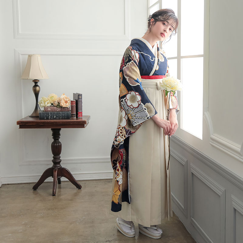  【SALE】 【友禅】紺　梅に楓と手毬 R2190 レンタル 振袖袴 R2009