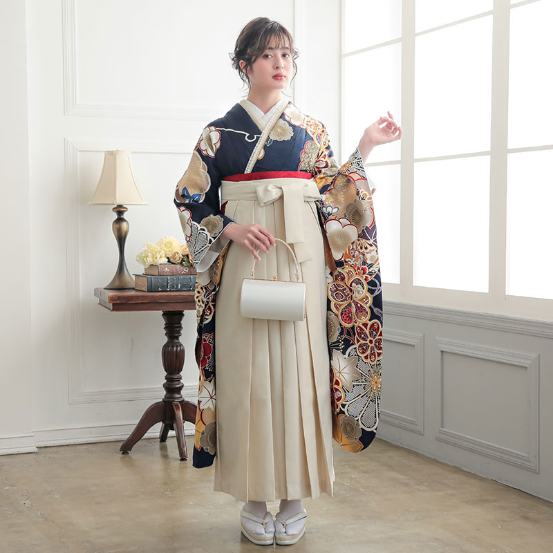  【SALE】 【友禅】紺　梅に楓と手毬 R2190 レンタル 振袖袴 R2009