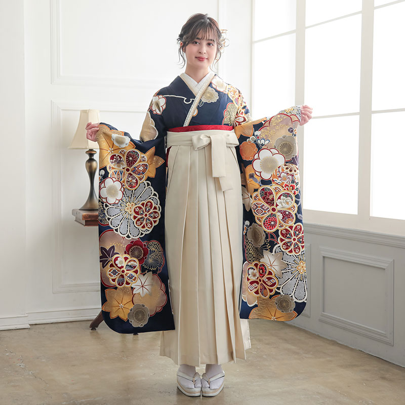  【SALE】 【友禅】紺　梅に楓と手毬 R2190 レンタル 振袖袴 R2009