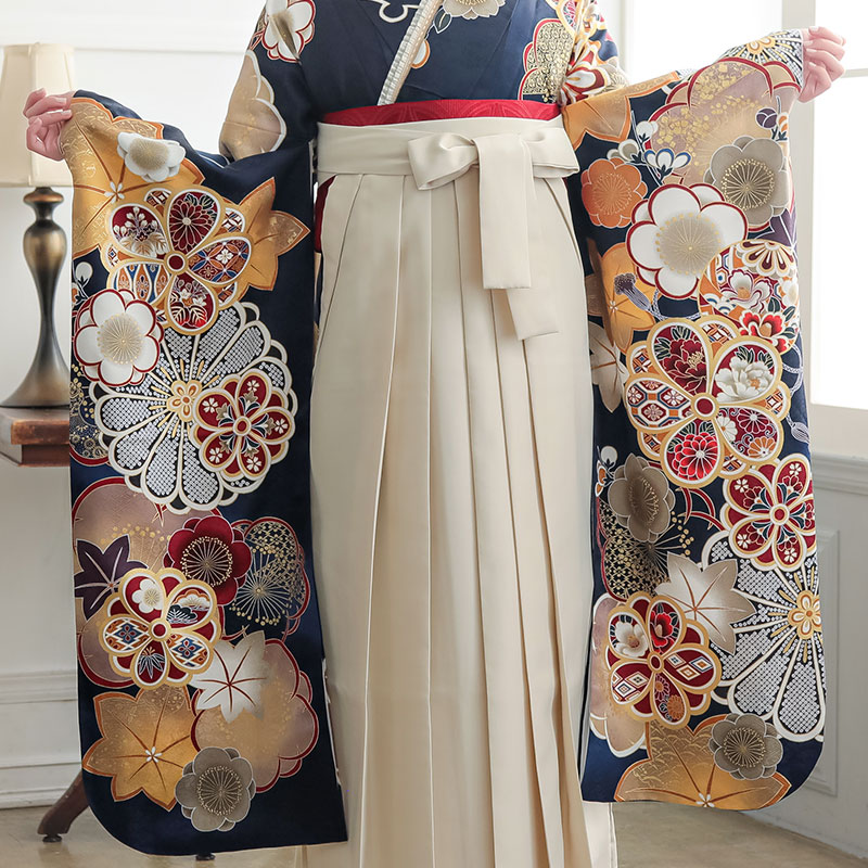  【SALE】 【友禅】紺　梅に楓と手毬 R2190 レンタル 振袖袴 R2009