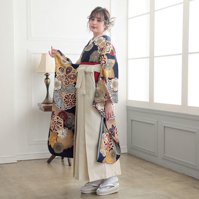  【SALE】 【友禅】紺　梅に楓と手毬 R2190 レンタル 振袖袴 R2009