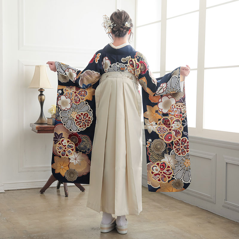  【SALE】 【友禅】紺　梅に楓と手毬 R2190 レンタル 振袖袴 R2009