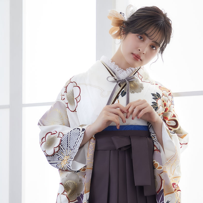  【SALE】 【友禅】白 牡丹梅 レンタル 振袖袴 R2008