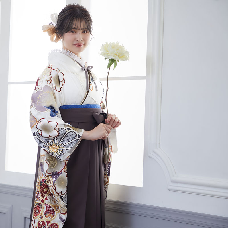  【SALE】 【友禅】白 牡丹梅 レンタル 振袖袴 R2008