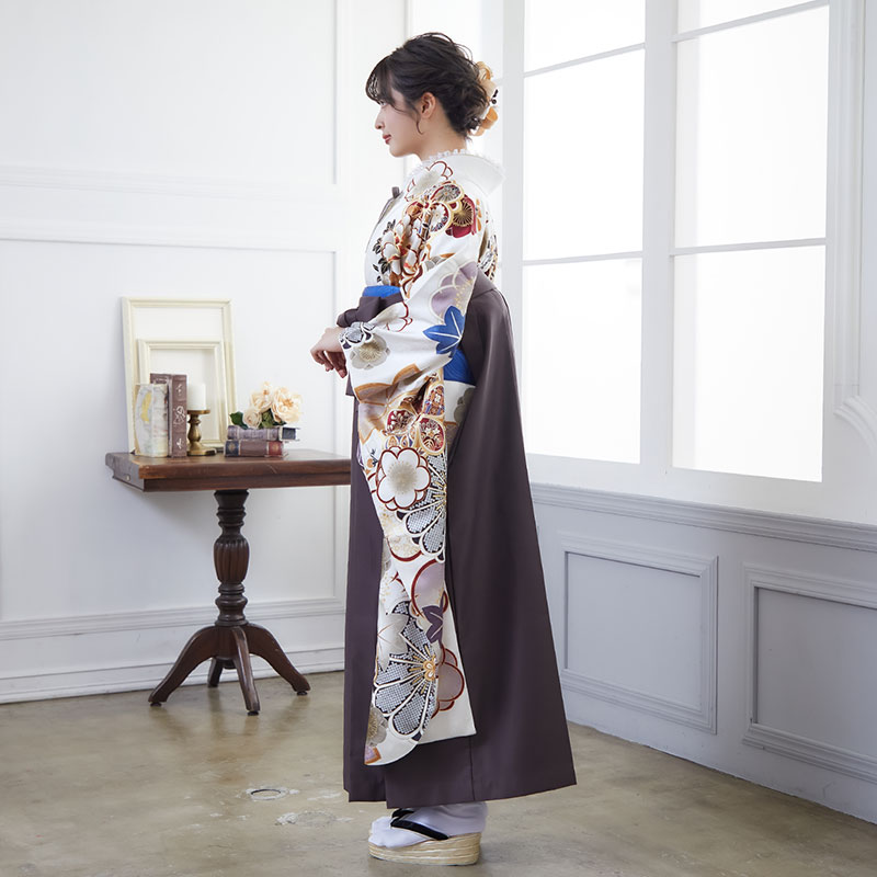  【SALE】 【友禅】白 牡丹梅 レンタル 振袖袴 R2008