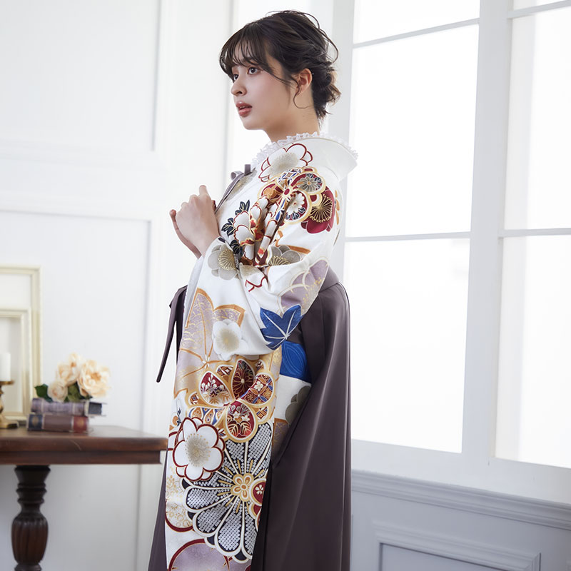  【SALE】 【友禅】白 牡丹梅 レンタル 振袖袴 R2008