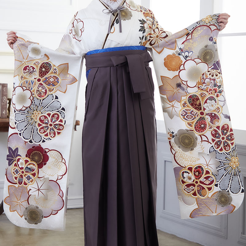  【SALE】 【友禅】白 牡丹梅 レンタル 振袖袴 R2008