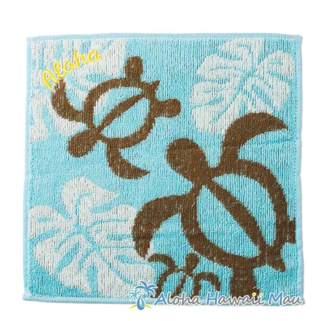 ハワイアン ハンドタオル ホヌ＆モンステラ タオルハンカチ〈ブルー〉