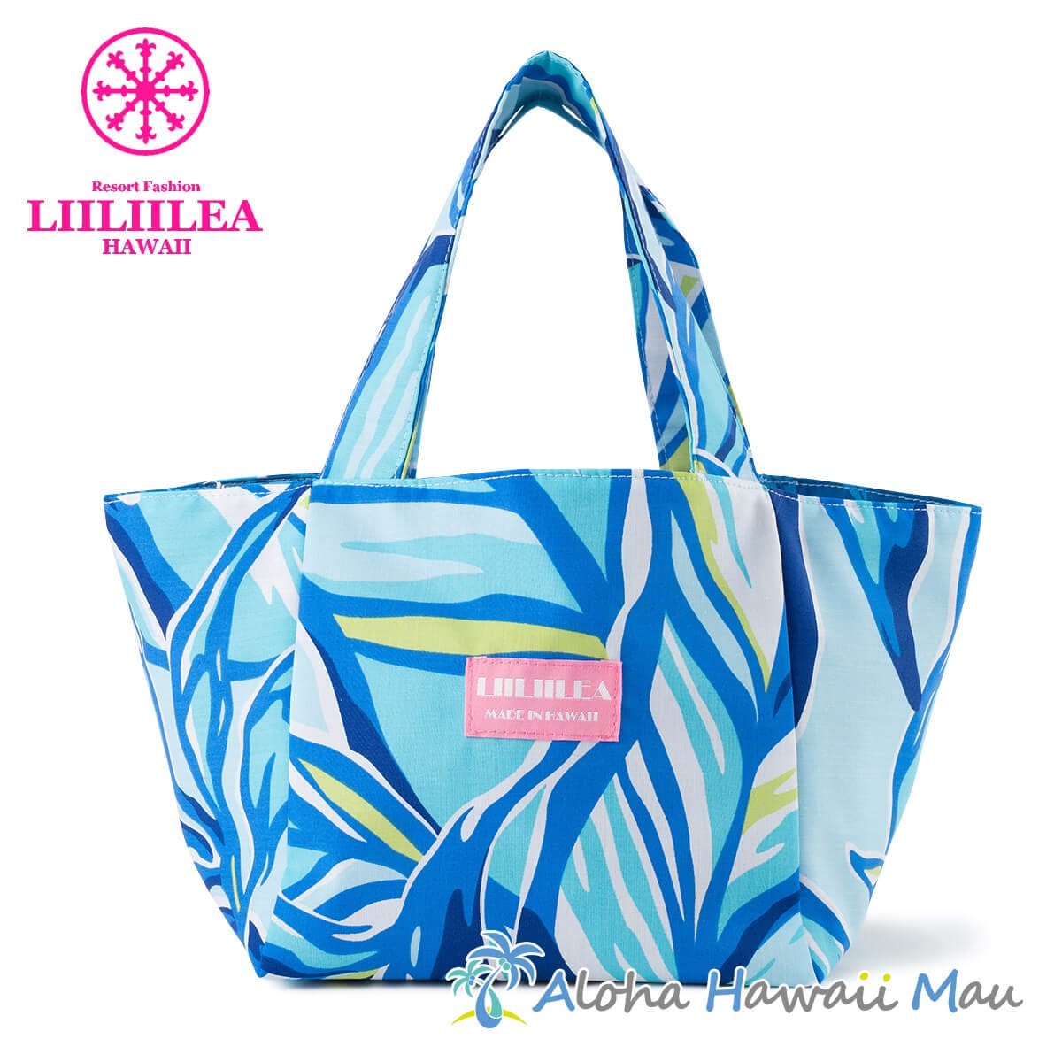 LIILIILEA エコバッグ ミニトートバッグ(ランチバッグ) ブルー リーフ