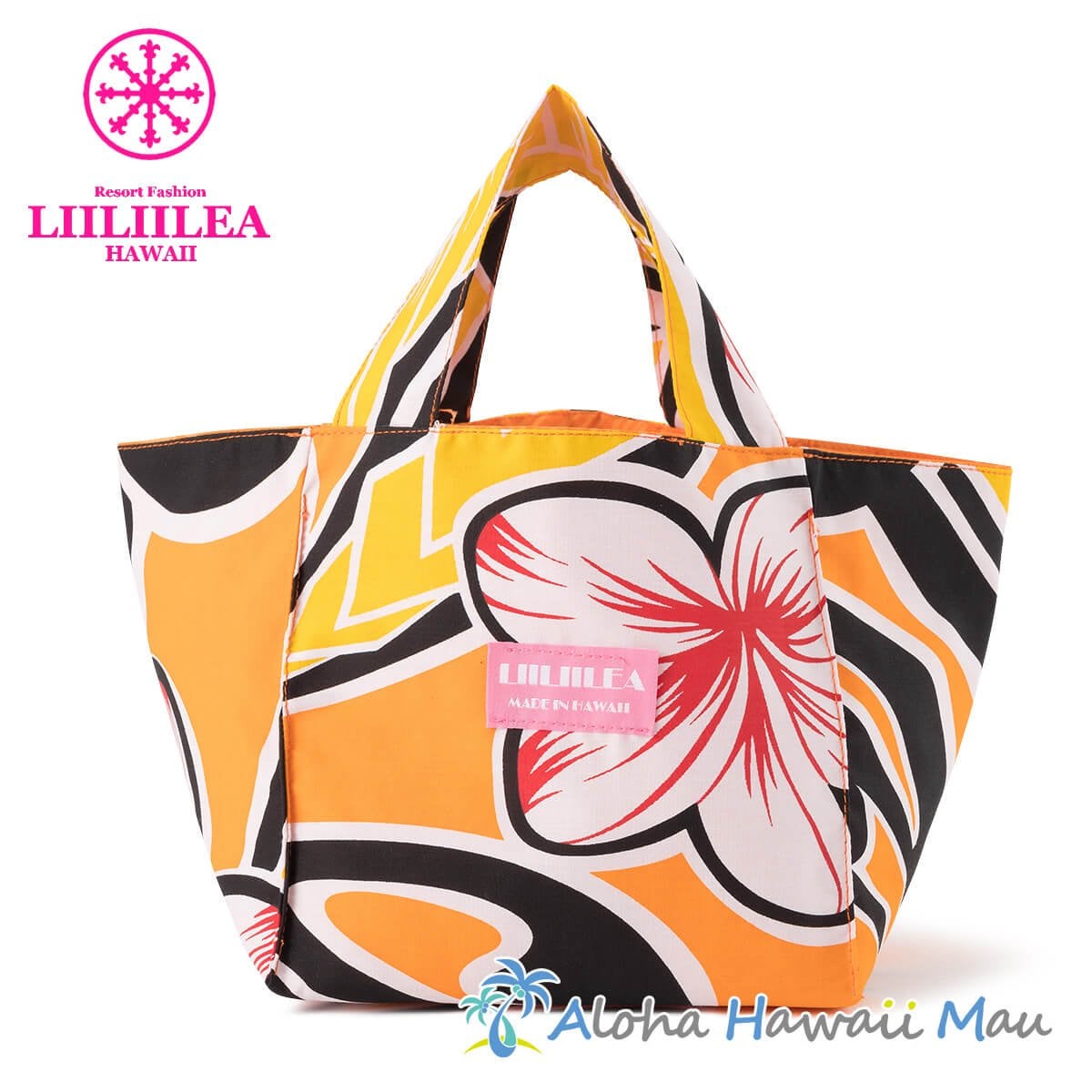 LIILIILEA エコバッグ ミニトートバッグ(ランチバッグ)  オレンジ  タヒチアン柄