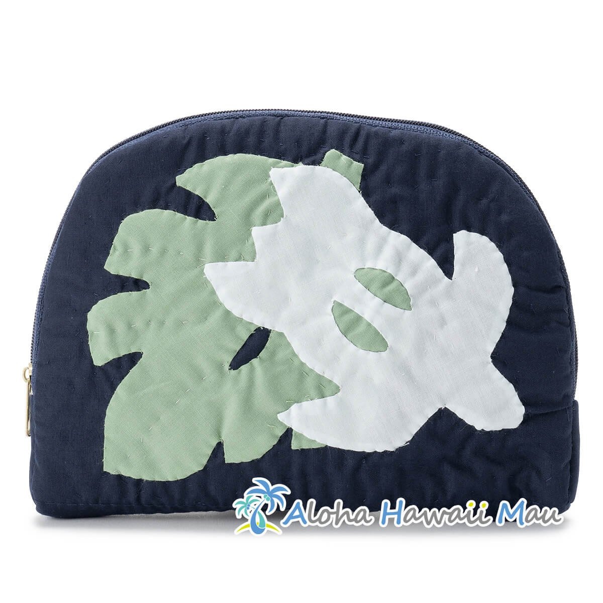 ハワイアンキルト ラウンド ポーチ ホヌ・モンステラ モチーフ