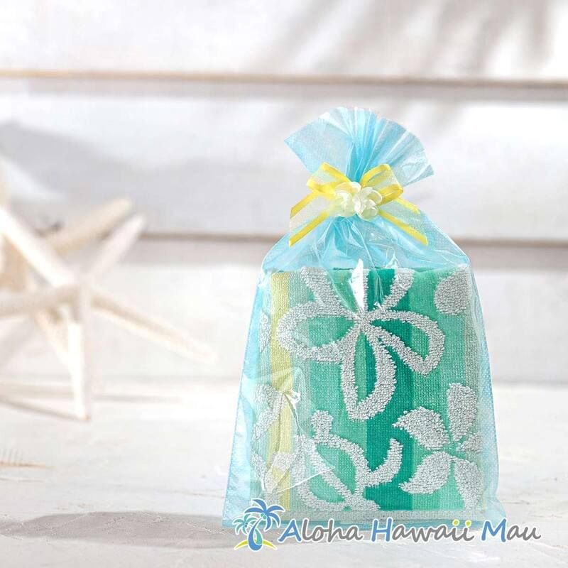 ハワイアン ハンドタオル プルメリア＆ホヌ グラデーション タオルハンカチ 2カラー〈チャーム付リボンラッピング〉ハワイアン ギフト ラッピング