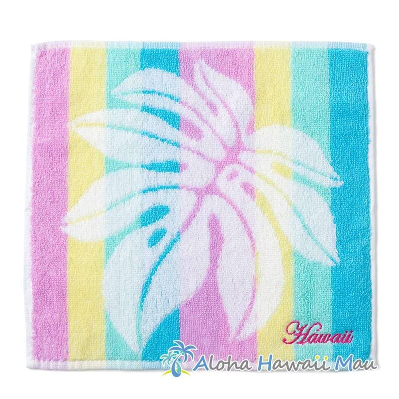 ハワイアン ハンドタオル モンステラ タオルハンカチ〈レインボー〉