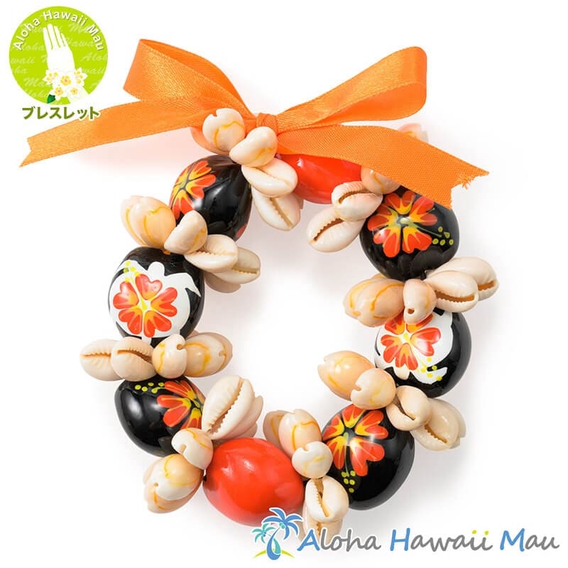 ククイ ブレスレット ハイビスカス ペイント ククイ&カウリーシェル  オレンジ