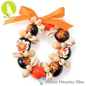 ククイ ブレスレット ハイビスカス ペイント ククイ&カウリーシェル  オレンジ