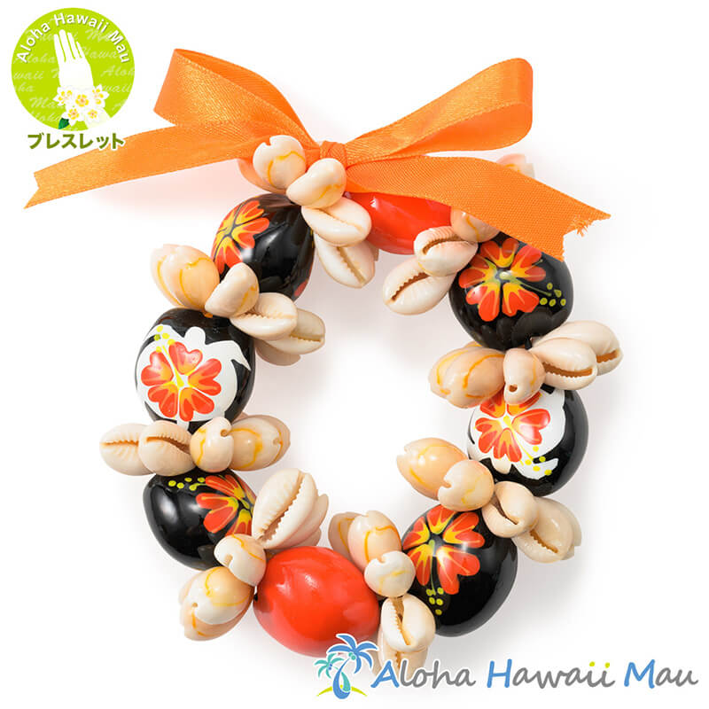 ククイ ブレスレット ハイビスカス ペイント ククイ&カウリーシェル  オレンジ