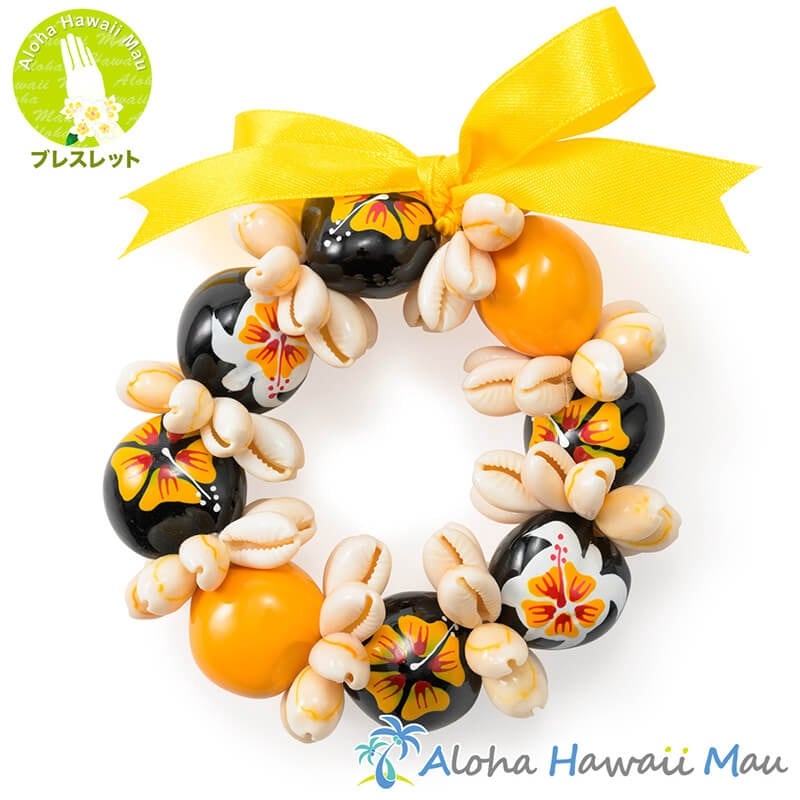 ククイ ブレスレット ハイビスカス ペイント ククイ&カウリーシェル  イエロー