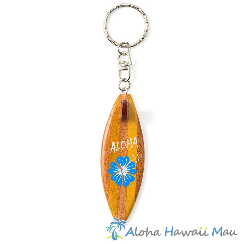 ハワイアン キーホルダー サーフボード ALOHA ハイビスカス ブルー サーフボード型ウッドキーホルダー