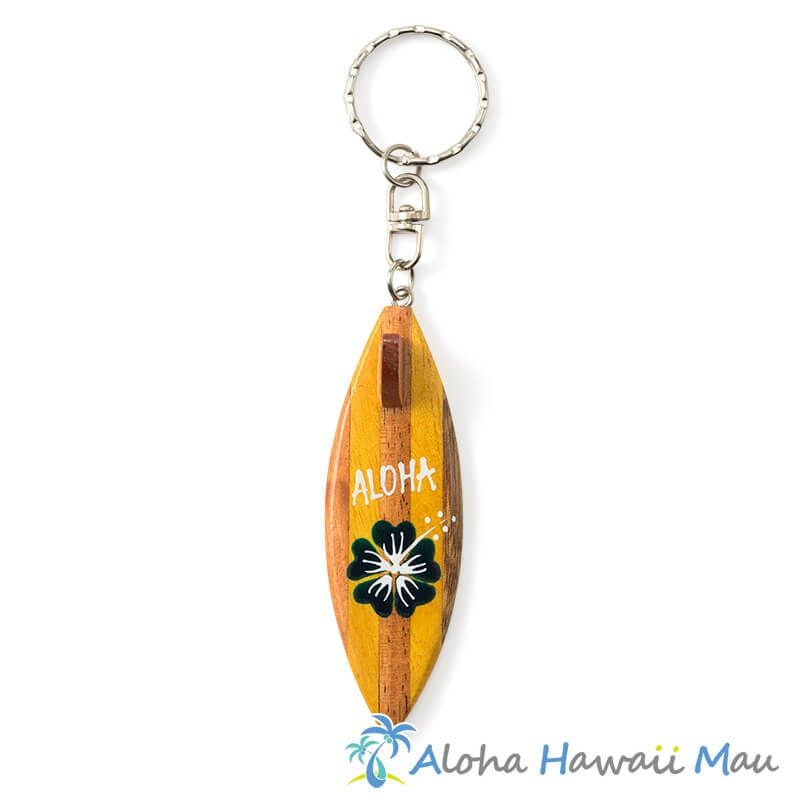 ハワイアン キーホルダー サーフボード ALOHA ハイビスカス グリーン サーフボード型ウッドキーホルダー