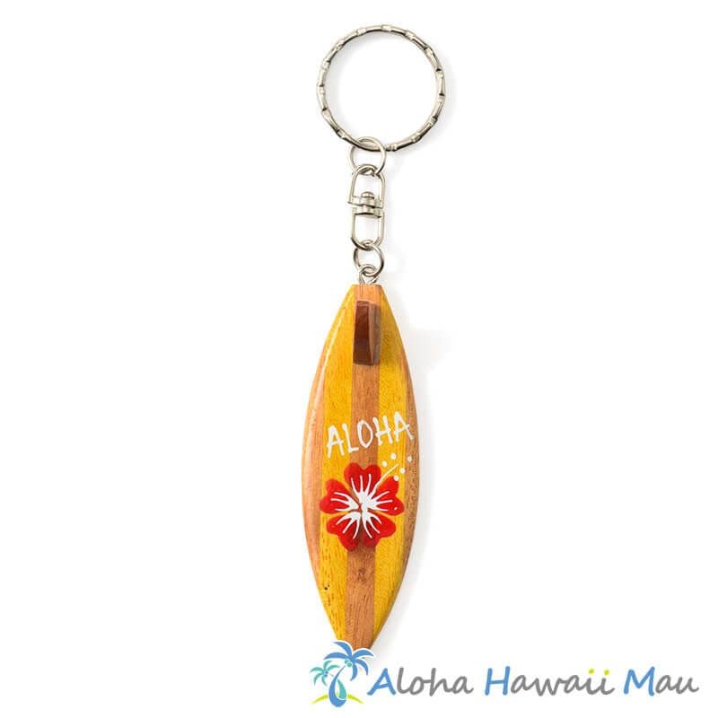 ハワイアン キーホルダー サーフボード ALOHA ハイビスカス レッド サーフボード型ウッドキーホルダー