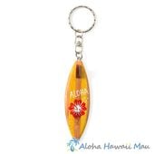 ハワイアン キーホルダー サーフボード ALOHA ハイビスカス レッド サーフボード型ウッドキーホルダー