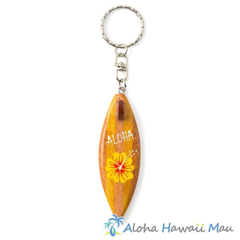 ハワイアン キーホルダー サーフボード ALOHA ハイビスカス イエロー サーフボード型ウッドキーホルダー