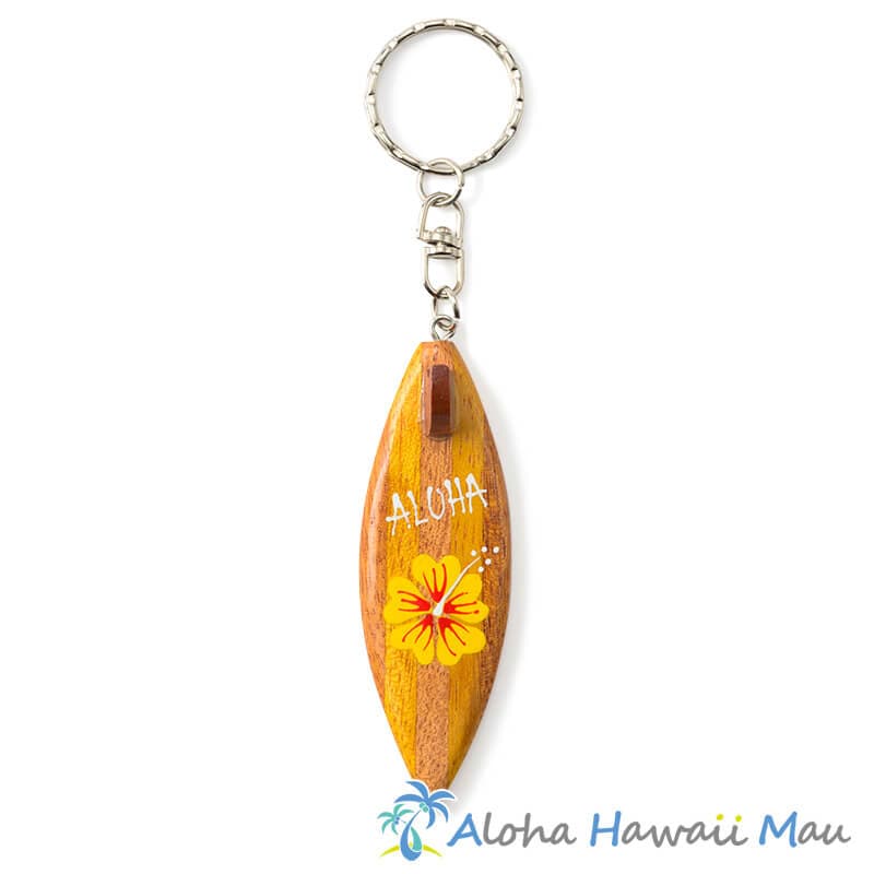 ハワイアン キーホルダー サーフボード ALOHA ハイビスカス イエロー サーフボード型ウッドキーホルダー