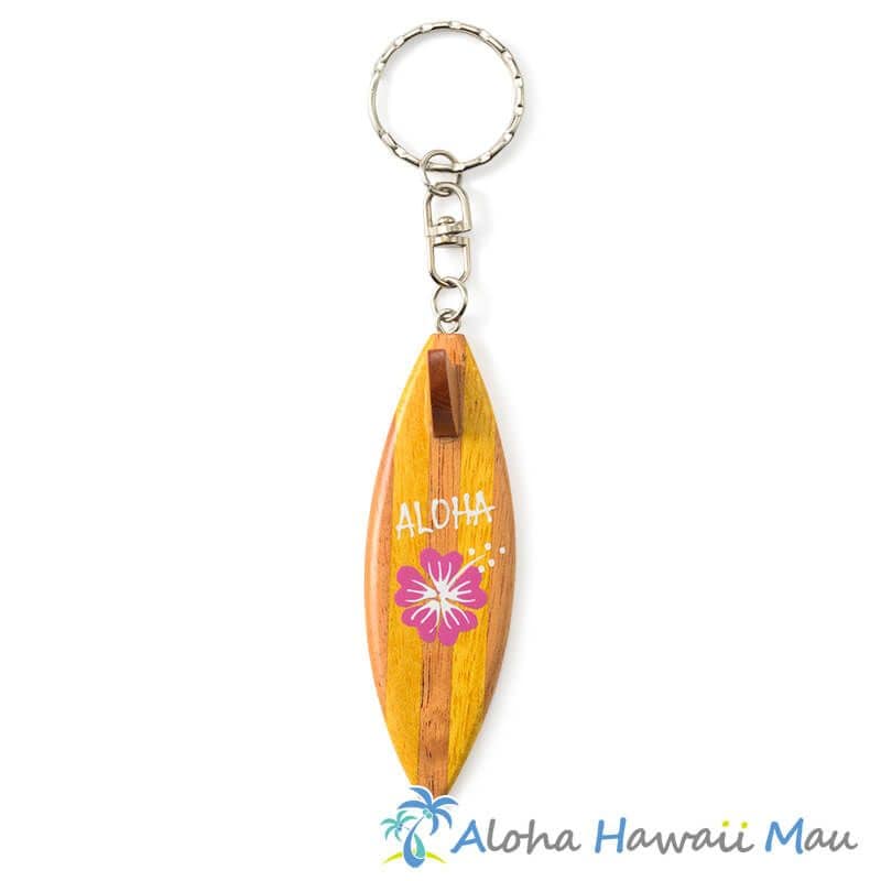 ハワイアン キーホルダー サーフボード ALOHA ハイビスカス ピンク サーフボード型ウッドキーホルダー