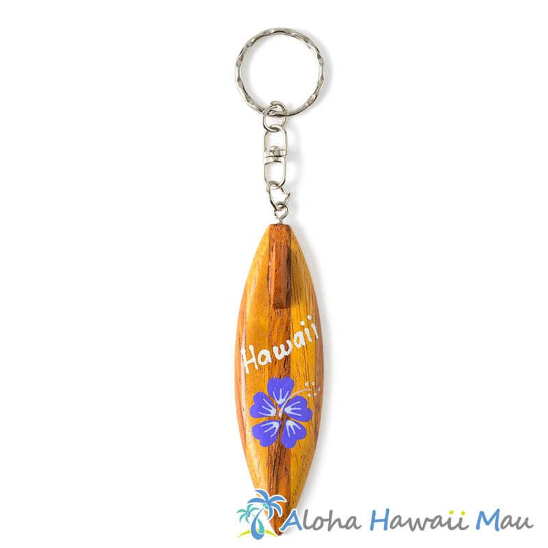 ハワイアンキーホルダー サーフボード パープル ハイビスカス Hawaii ウッド