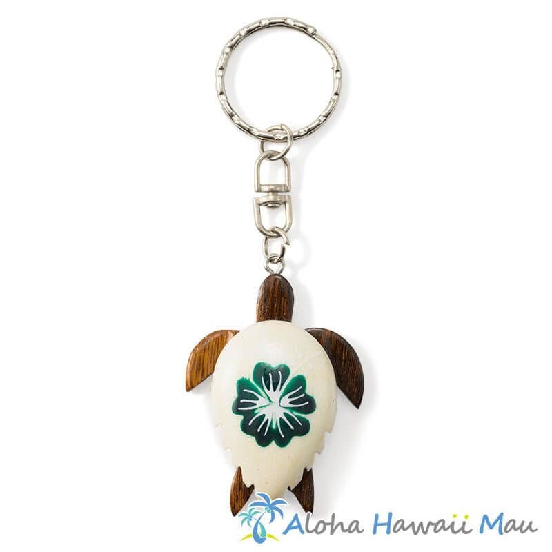 ハワイアンキーホルダー ホヌ グリーン ハイビスカス ホヌ型ウッドキーホルダー